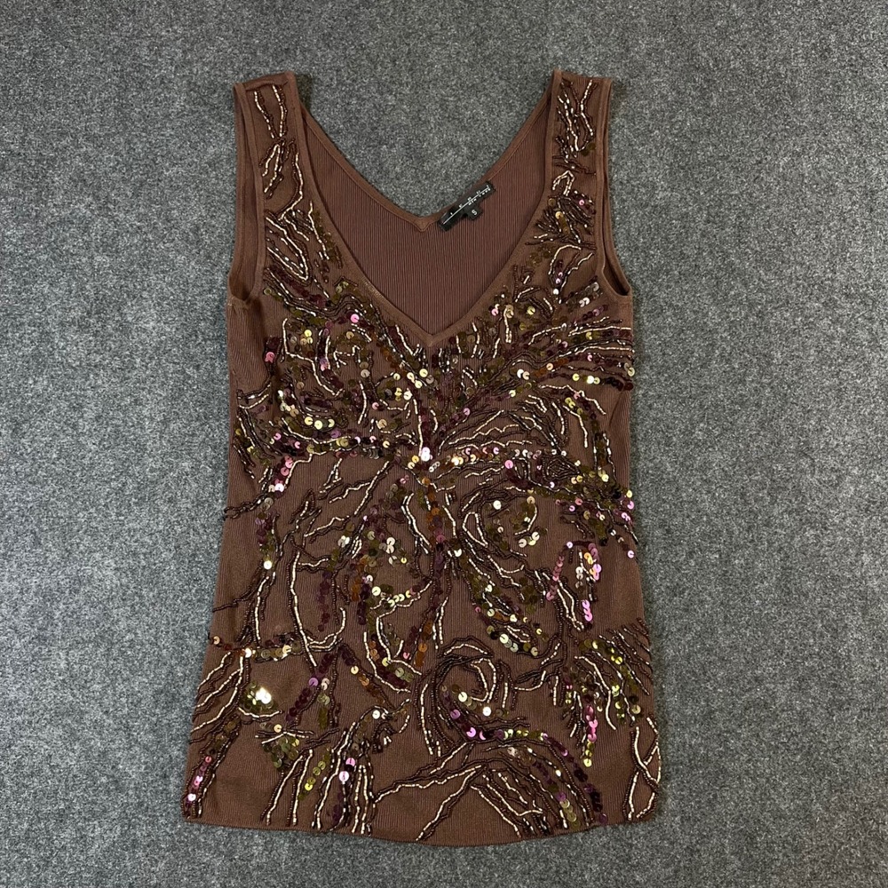 Pierri New York Brown Ribbed Knit Sequin Beaded V-Neck Sleeveless Tank Top Small